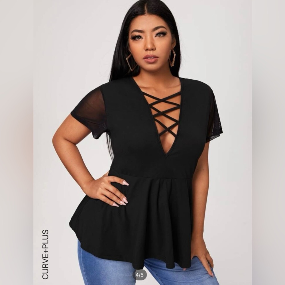 NWOT SHEIN Curve 3X Plunging Neck Crisscross Babydoll Top